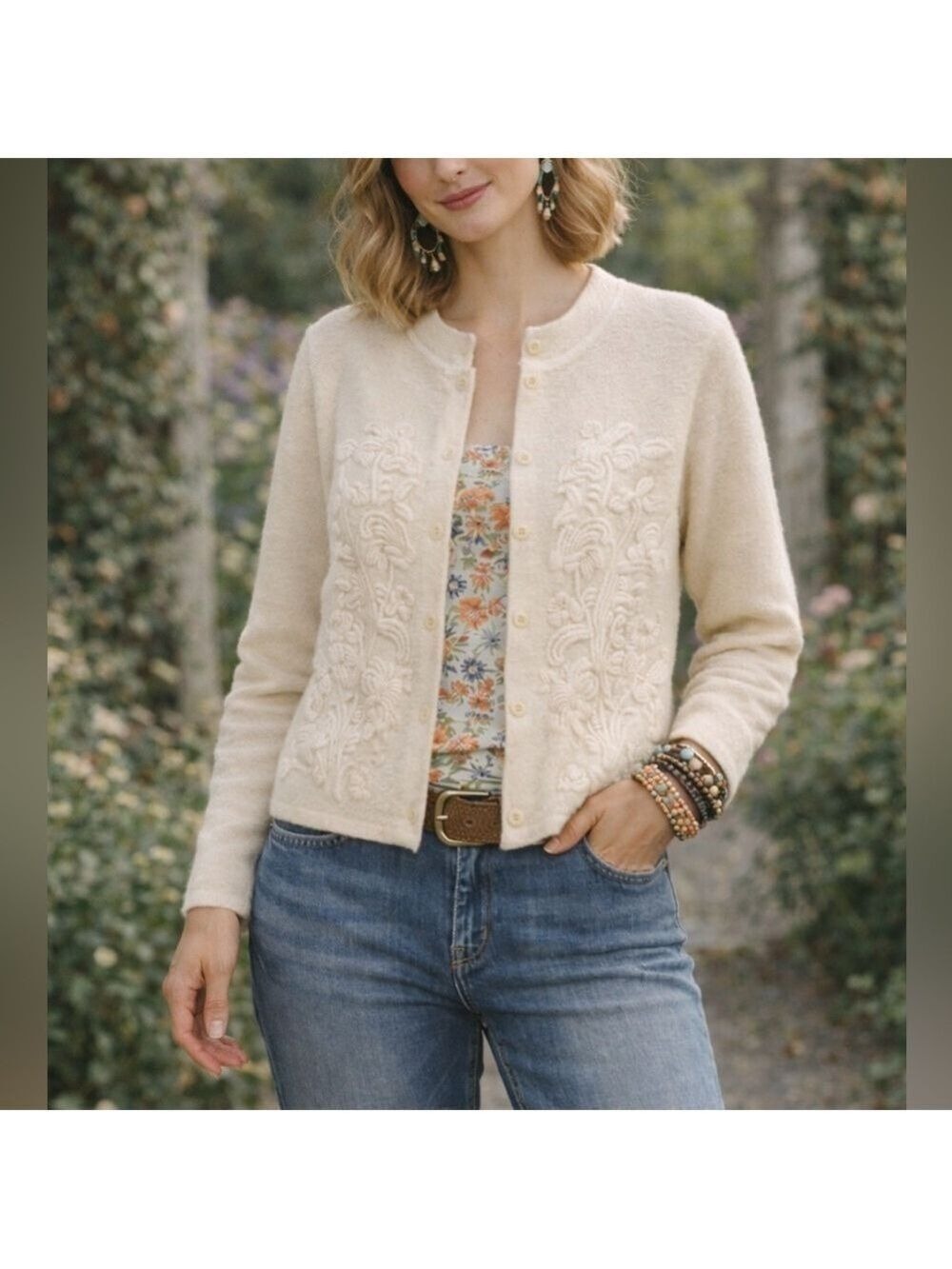 Talbots Cream Wool Embroidered Cardigan Medium Petite